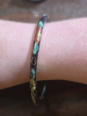 Vintage Black Cloisonné Floral Bangle with Turquoise & Red Floral Accents